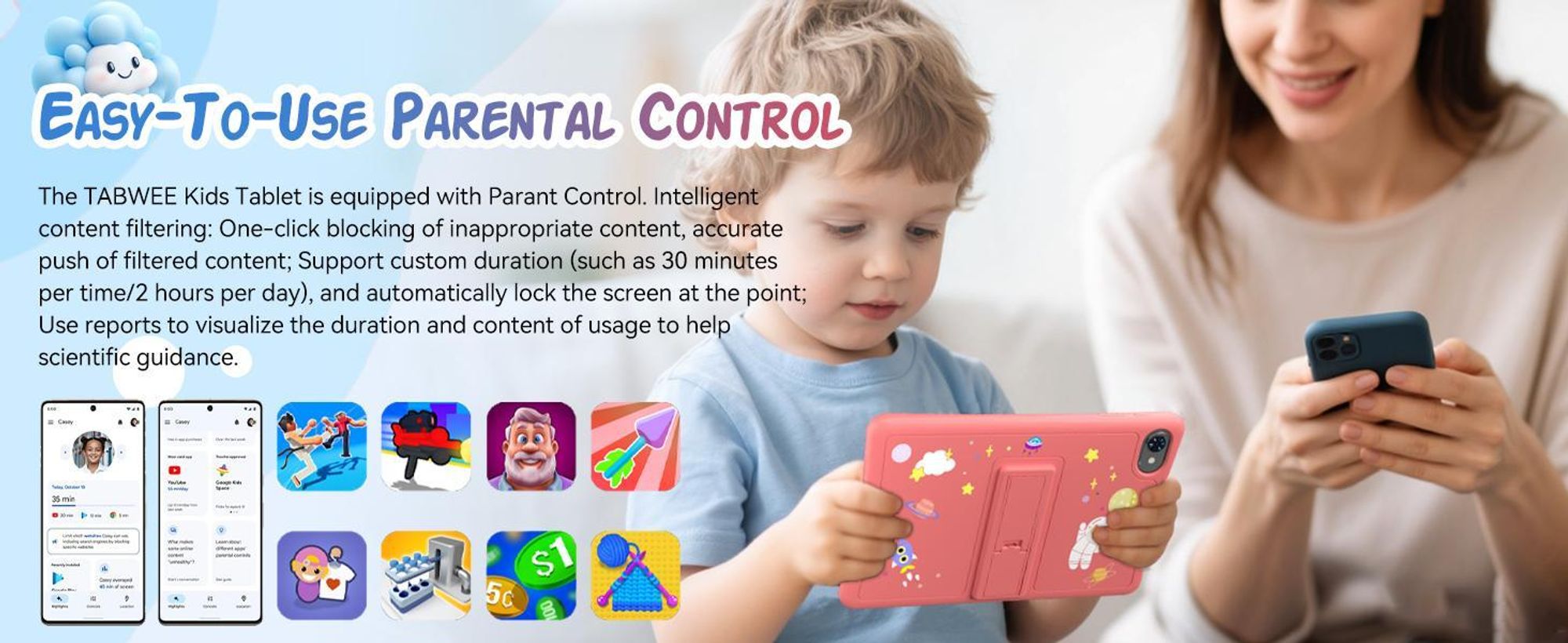 KOBONA-Tabwee K10 Kids 10.1" Rosa Tablet, Google Kids Space, 4GB+64GB, Android 15 WiFi Tablet für Kind mit Kindgerechte Hülle und Stift, 5000mAh