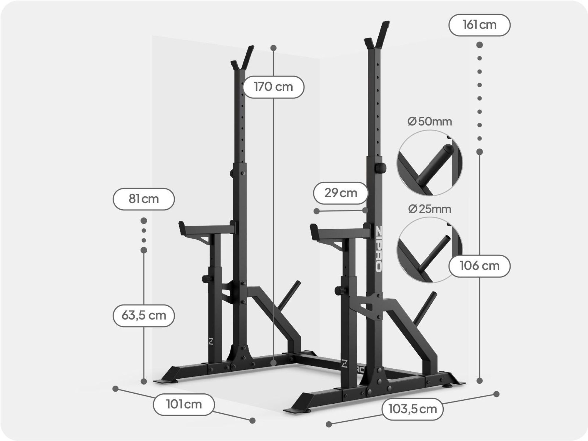 Zipro Langhantelständer Lift mit Notablage Safety – Massives Squat Rack & Bankdrücken Ständer Belastbar Verstellbare Hantelablage mit Gewichthalter