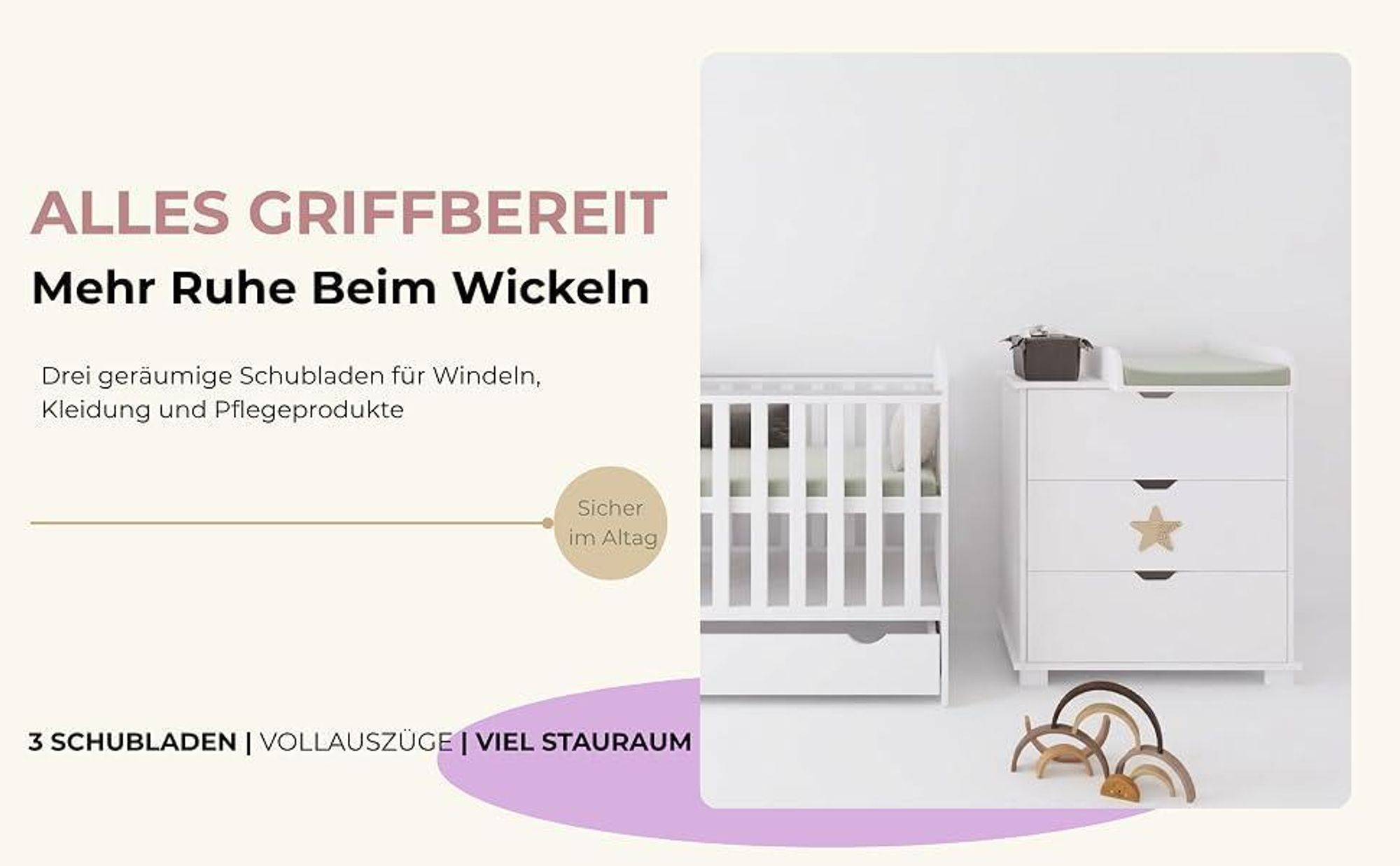 ZEE STAR Wickelkommode B:83 H:87 T:49 cm Weiß mit Rosa Stern 3 Schubladen Abnehmbarer Wickelaufsatz z Babykommode Skandinavisches Design