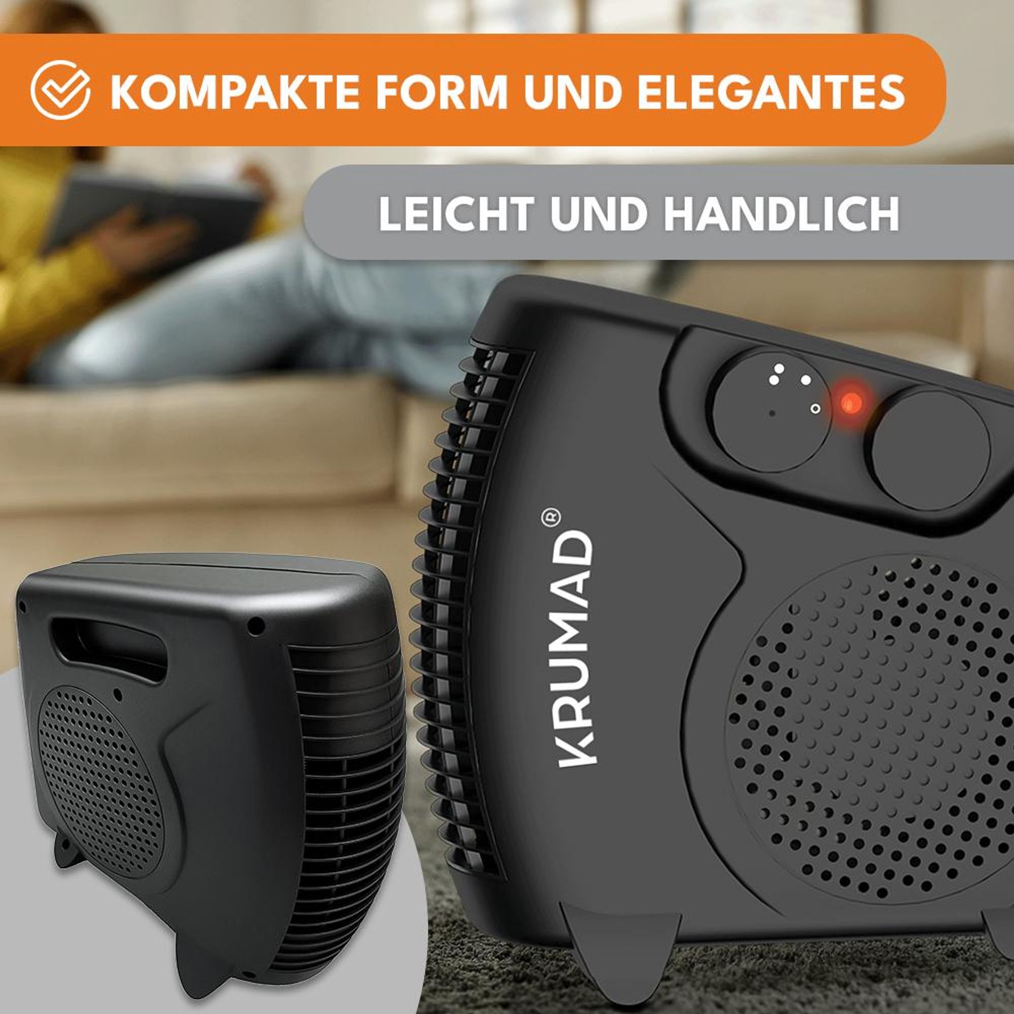 KRUMAD Heizlüfter 2000W – kompakter Elektroheizer 2 Heizstufen – leiser Schnellheizer für Zuhause, Büro & Schlafzimmer