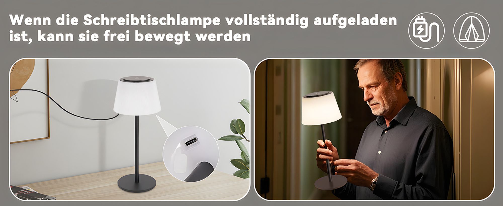 ZMH Tischlampe Kabellos Nachttischlampe Akku LED Tischleuchte Touch Dimmbar Lampe mit USB Aufladbar Schwarz 3600mhA Batterie Tischlampen für Modern Wohnzimmer Schlafzimmer Outdoor