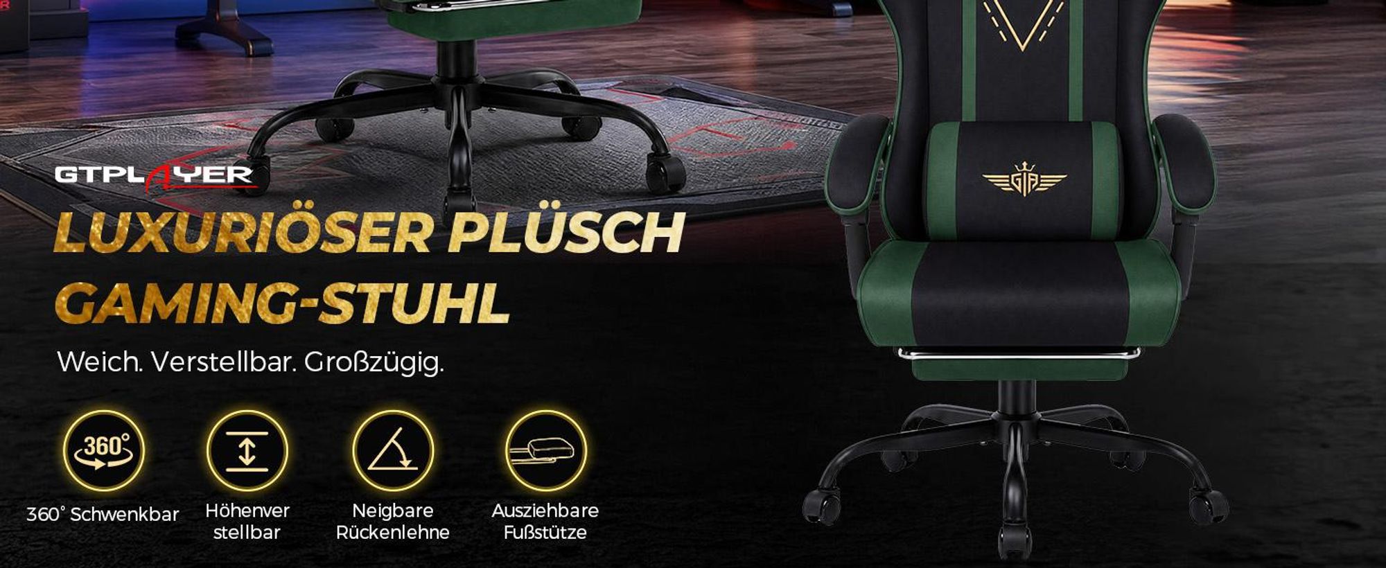 GTPLAYER Gaming Stuhl Ergonomischer Gaming Sessel Schreibtischstuhl mit Stoffoberfläche, Federsitzkissen, Verbindungsarmlehnen und Fußstütze 150KG, gr