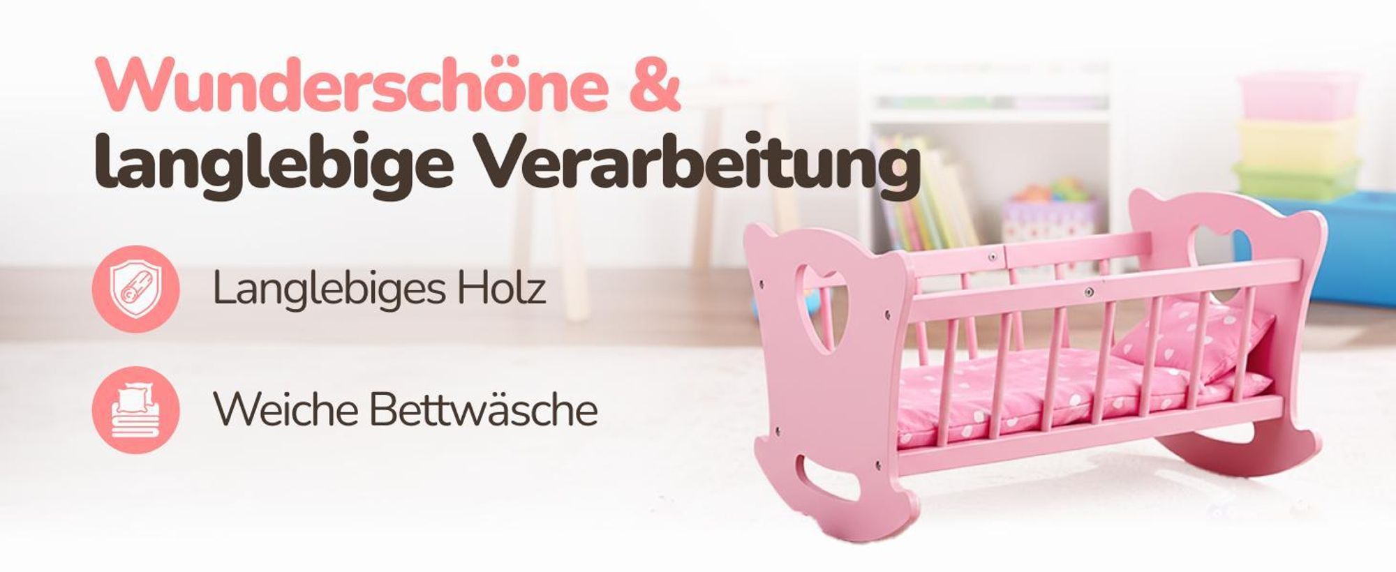 Kinderplay Holzpuppenwiege mit Bettwäsche – große Puppen-Schaukelwiege aus Holz für Puppen bis 49,5 cm – mit Matratze, Kissen und Decke – Modell GS2106