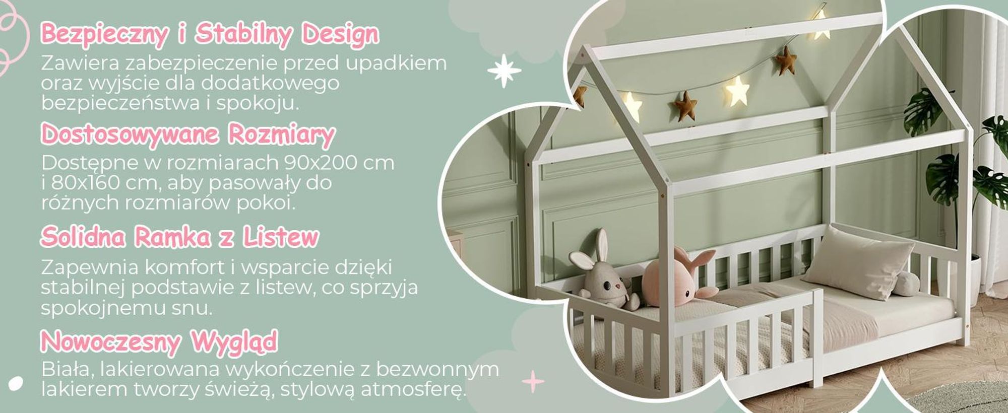 Łóżko dziecięce 90×200 z barierką ochronną i stelażem, łóżko-domek – łóżko dziecięce 90×200 dla dzieci – łóżko-domek dziecięce 90×200 białe