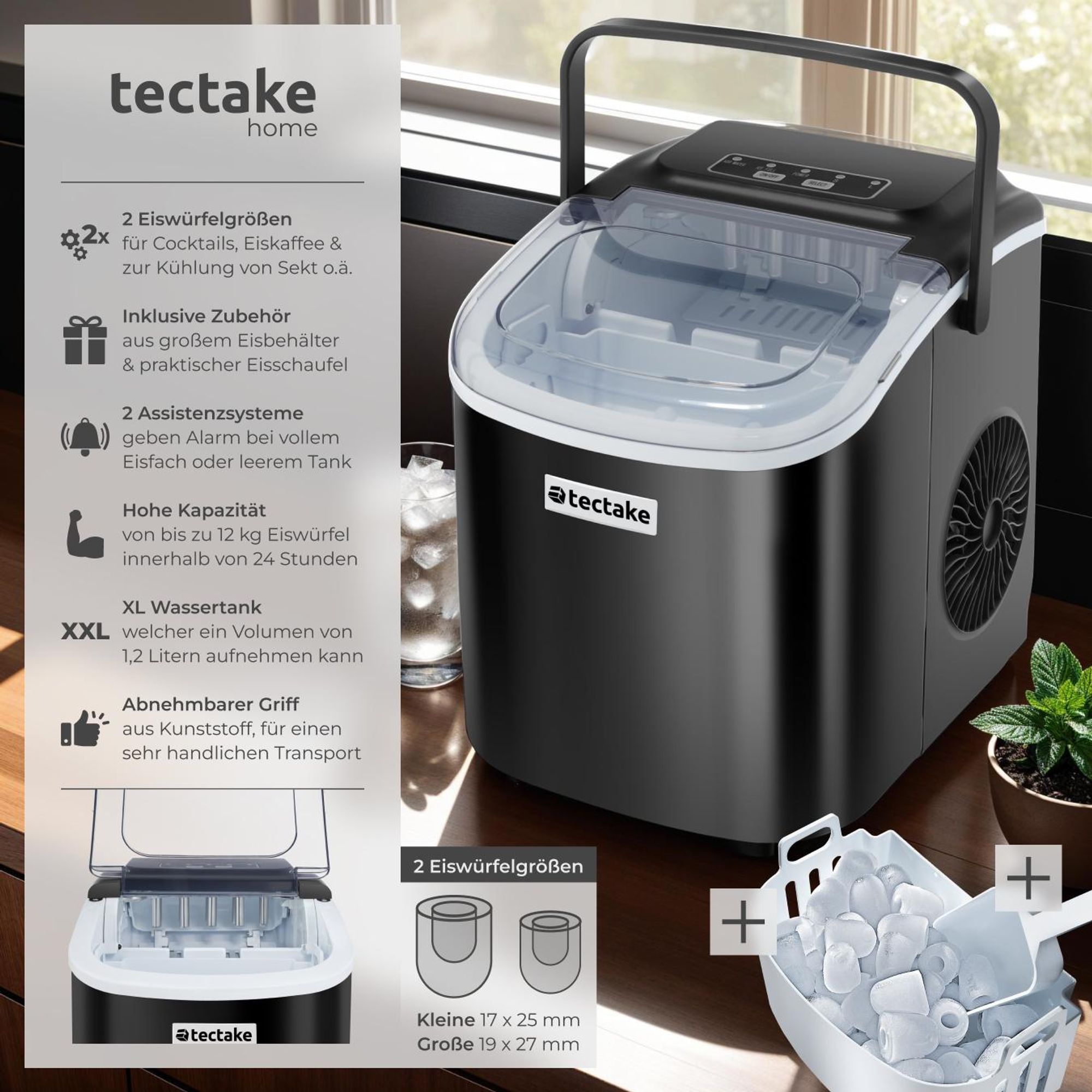 tectake® Eiswürfelmaschine Arctic 1,2 l Wassertank, 2 Eiswürfelgrößen