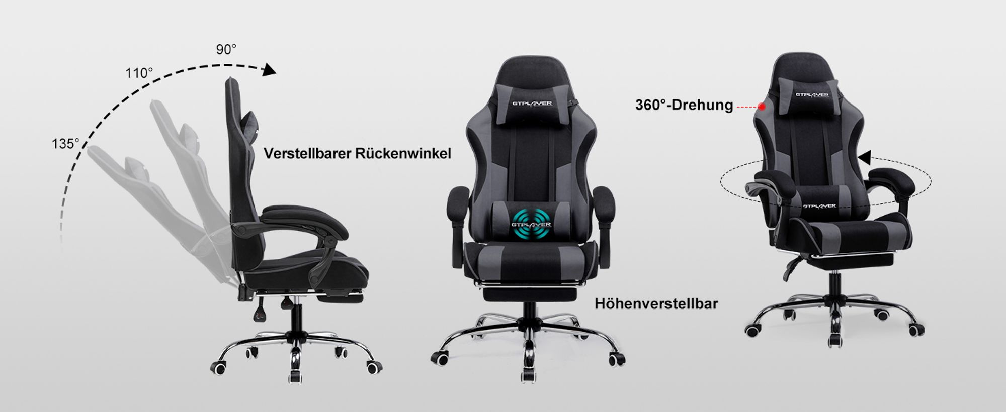 GTPLAYER Bürostuhl Gaming Stuhl Stoff Gaming Sessel Ergonomischer Gamer Stuhl mit Fußstütze, Kopfstütze Lendenkissen, Gepolstert Gaming Chair, grau