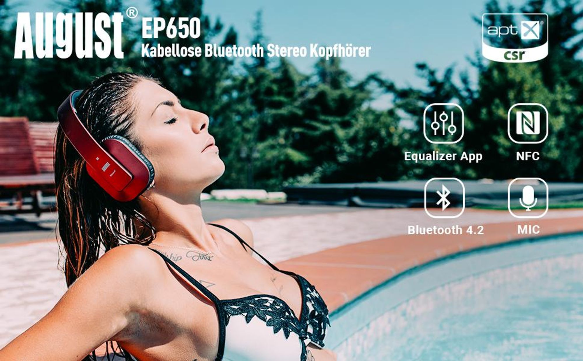 Over-Ear Kopfhörer Bluetooth 5.1, NFC, 20h Akku, Bass , Audio App - August EP650