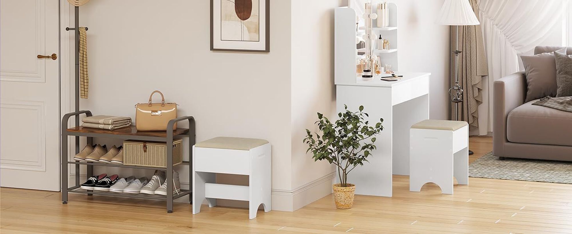 WOLTU Schminkhocker, Sitzhocker Hocker für Schminktisch, Polsterhocker mit Leinenbezug, aus Holz, Schminktischstuhl für Schlafzimmer, 150 kg belastbar, Weiß Beige
