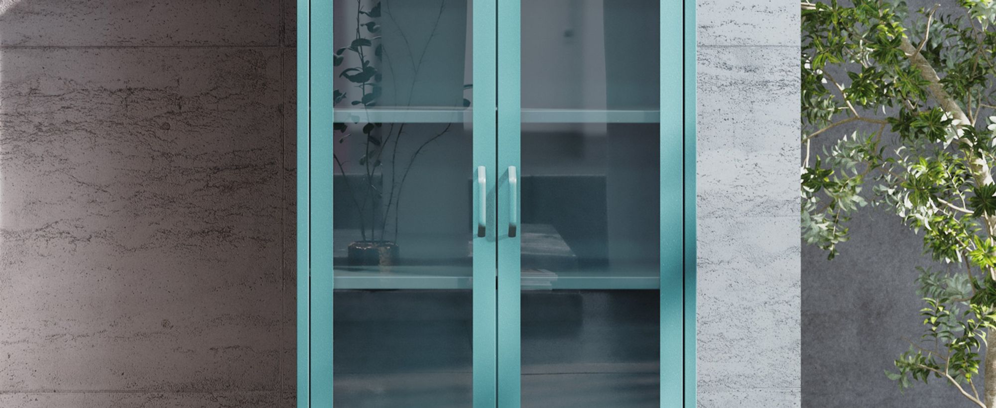 Vitrinenschrank Wohnzimmerschrank mit 4 Fachböden Vitrine Glitzernd Metall Meeresgrün