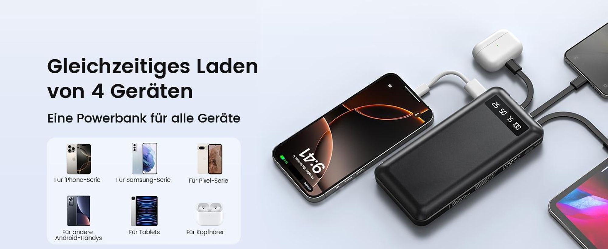 Powerbank, Tragbares Ladegerät, Externes Ladegerät, 20.000 mAh, 22,5W Schnellladegerät, mit 4 integriertem Kabel