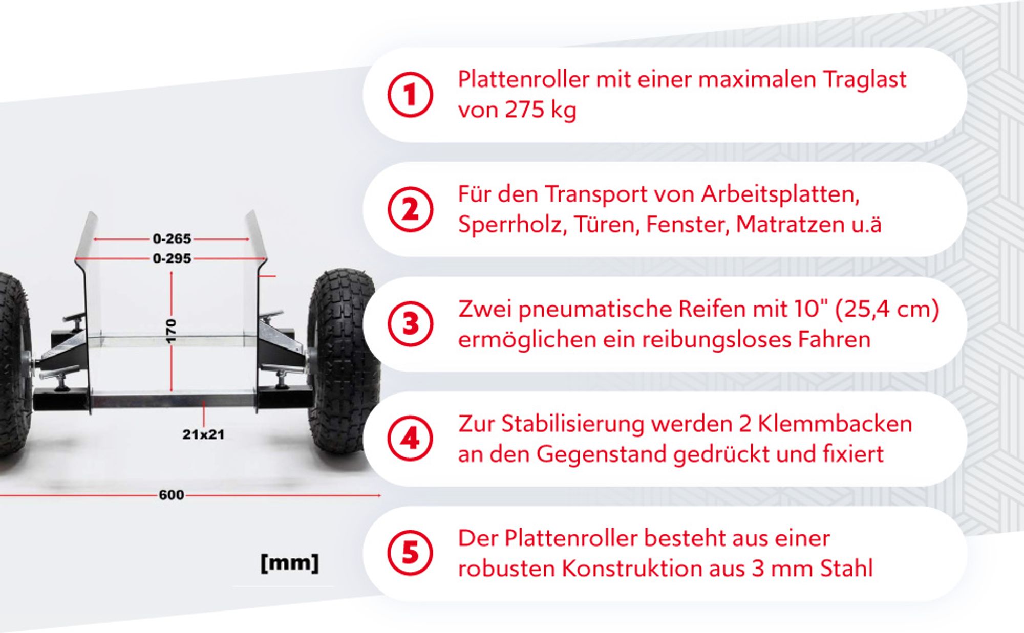 Wiltec Plattenroller bis 275 kg 265 mm Klemmbreite 170 mm Klemmhöhe, Plattenwagen zum Transport von Holzplatten, Türen, Fenster u.v.m. mit pneumatischen Reifen
