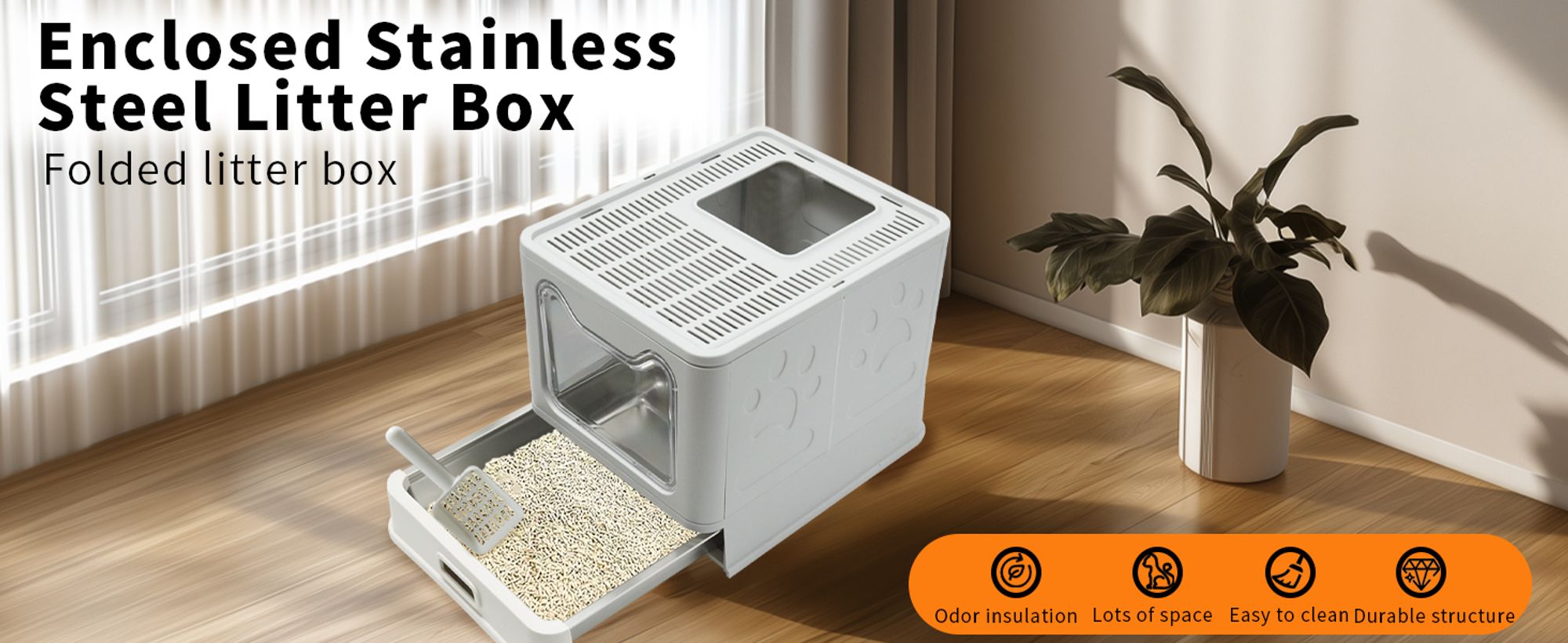 WISFOR Edelstahl Katzentoilette Katzenklo mit Deckel Schaufel, Faltbar Haubentoilette, 38,3 x 48,5 x 38,5 cm