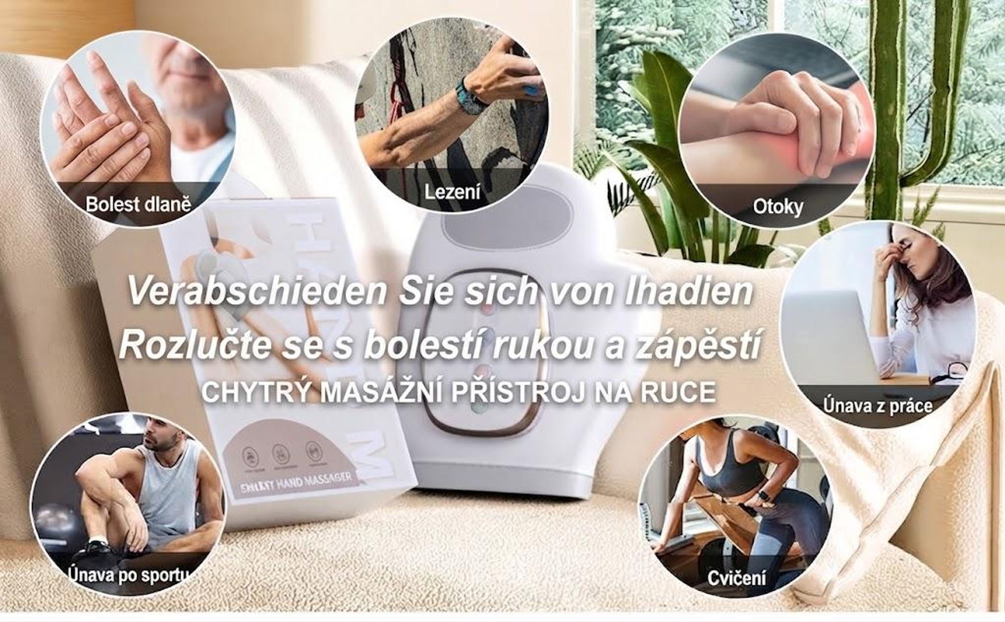 Inteligentní ruční masážní přístroj s funkcí tepla a komprese 3 masážní programy, 4 nastavení teploty, 5 kompresních vzorů Terapeutické