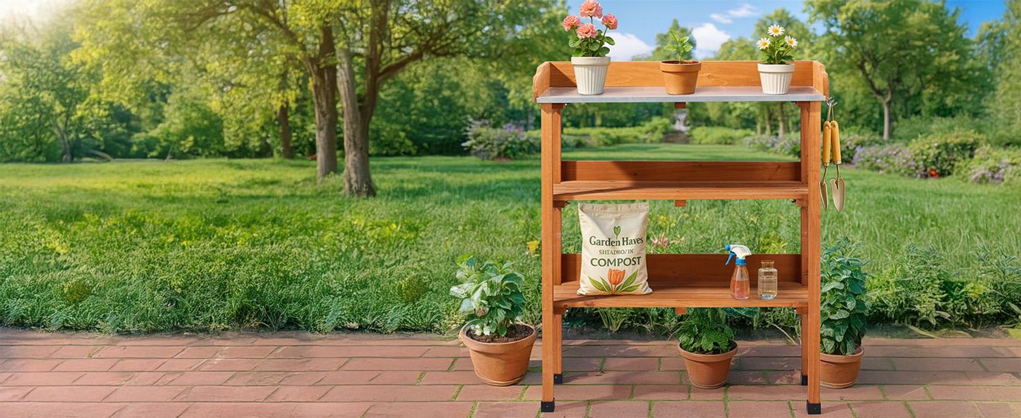 FCH Pflanztisch 3 Ablagen, Gärtnertisch mit verzinkter Arbeitsplatte, Garten-Blumentisch für Outdoor, wetterfest, 74x36x90cm, Holzfarbe