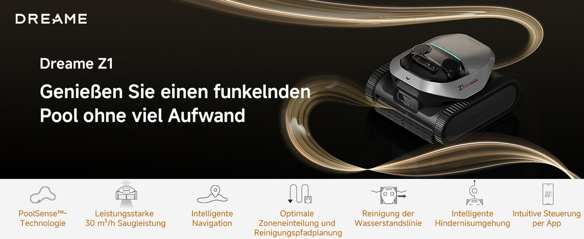 DREAME Poolroboter Z1, Hightech-Poolerkennung & Pfadplanung, hohe Saugleistung, Poolboden, Wand- & Wasserstandslinienreinigung, für Pools bis 180 ㎡