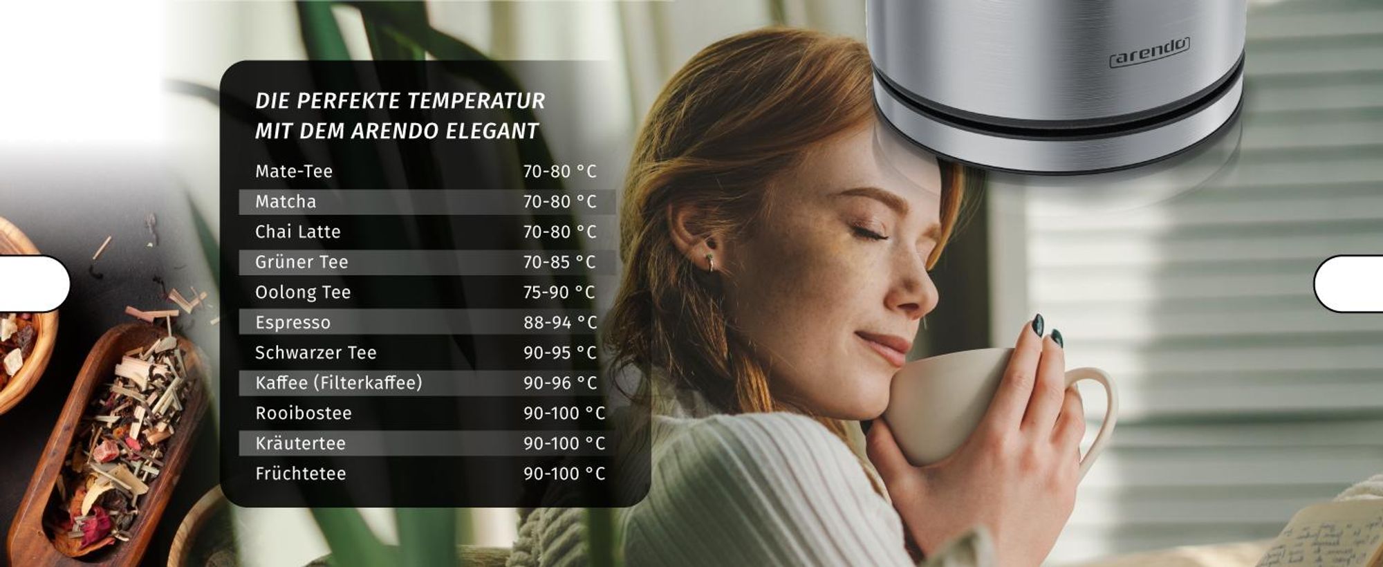 Arendo Wasserkocher mit Temperatureinstellung 35°C - 100°C, Temperaturanzeige, Temperaturwahl, Edelstahl, 1,7 L, 2200W, Warmhaltefunktion, silber