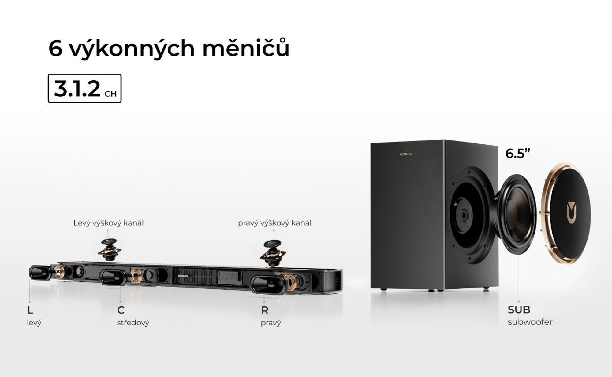 ULTIMEA 3.1.2kanálový soundbar s Dolby Atmos, prostorový systém pro TV s 6,5palcovým subwooferem, Bluetooth 5.4, HDMI eARC, 360 W, Skywave F30 Boom