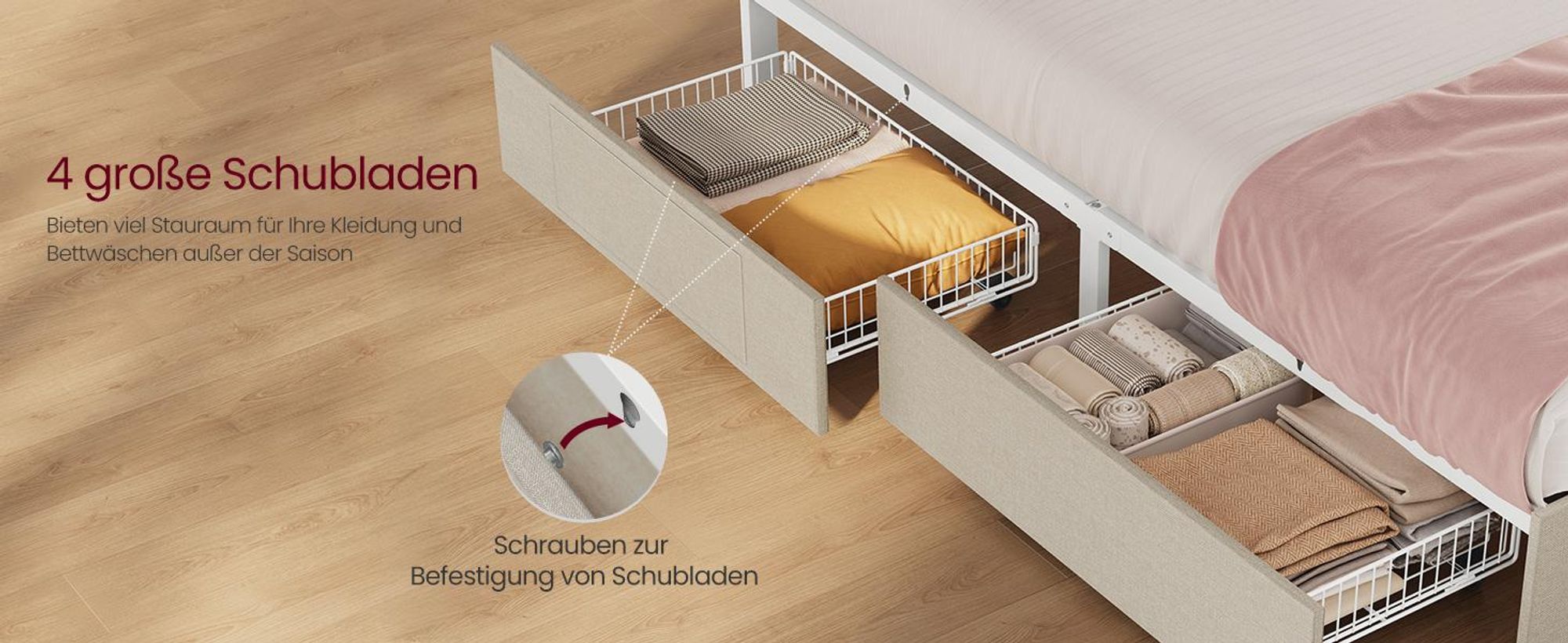 VASAGLE Doppelbettgestell, Bettgestell, 160 x 200 cm, LED, Metallbett, 4 Schubladen, Ladestation, verstellbares gepolstertes Kopfteil, Cappuccinobeige