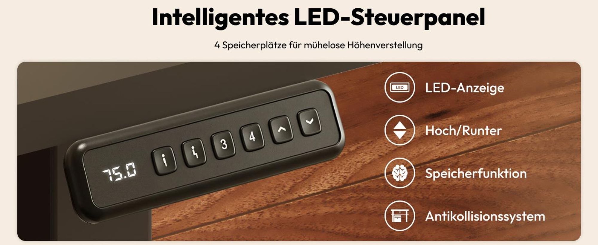 SANODESK QS1 Höhenverstellbarer Schreibtisch Elektrisch EINTEILIGE TISCHPLATTE, 4 Speicherplätzen, Haken & Kabelmanagement, 120x60cm (Schwarz)