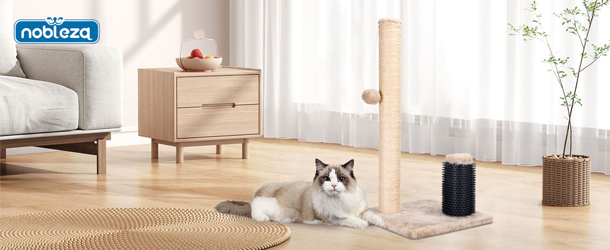 Katzenkratzbaum mit Bürste,Kratzsäule für Katze Kratzstamm aus Jute und Widerstandsfähigem Stoff mit Plüschball