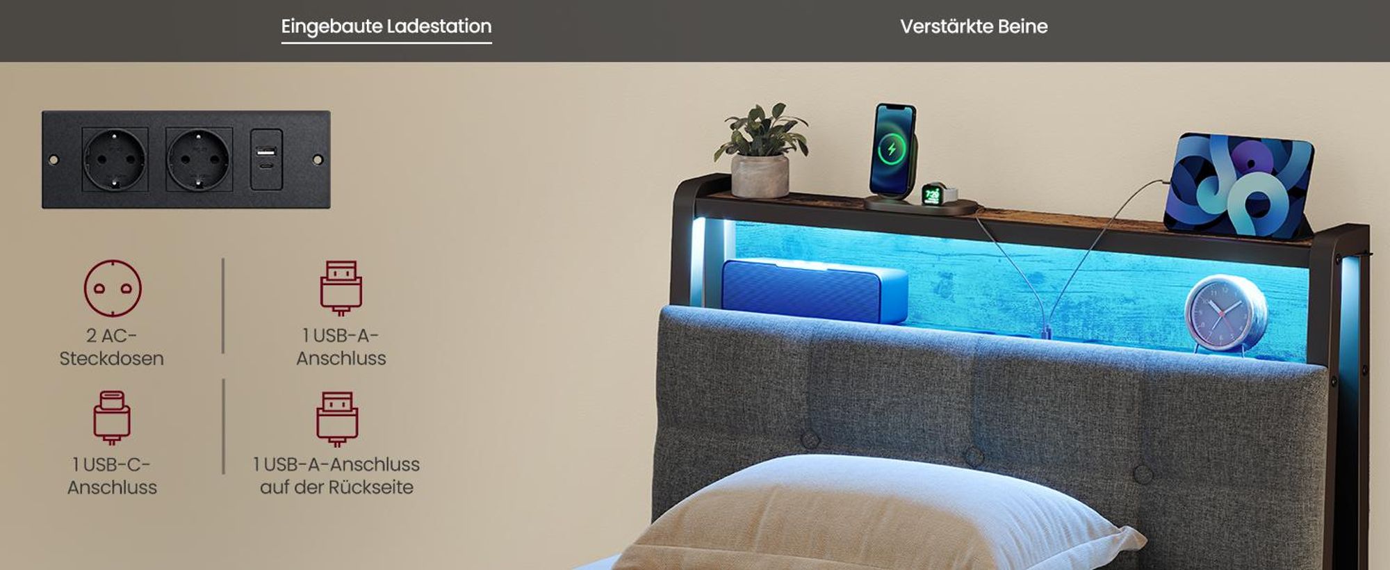 VASAGLE Bettgestell 90 x 200 cm, mit Schublade, LED-Beleuchtung, Schlafzimmer, Kopfteil, schwarz-braun
