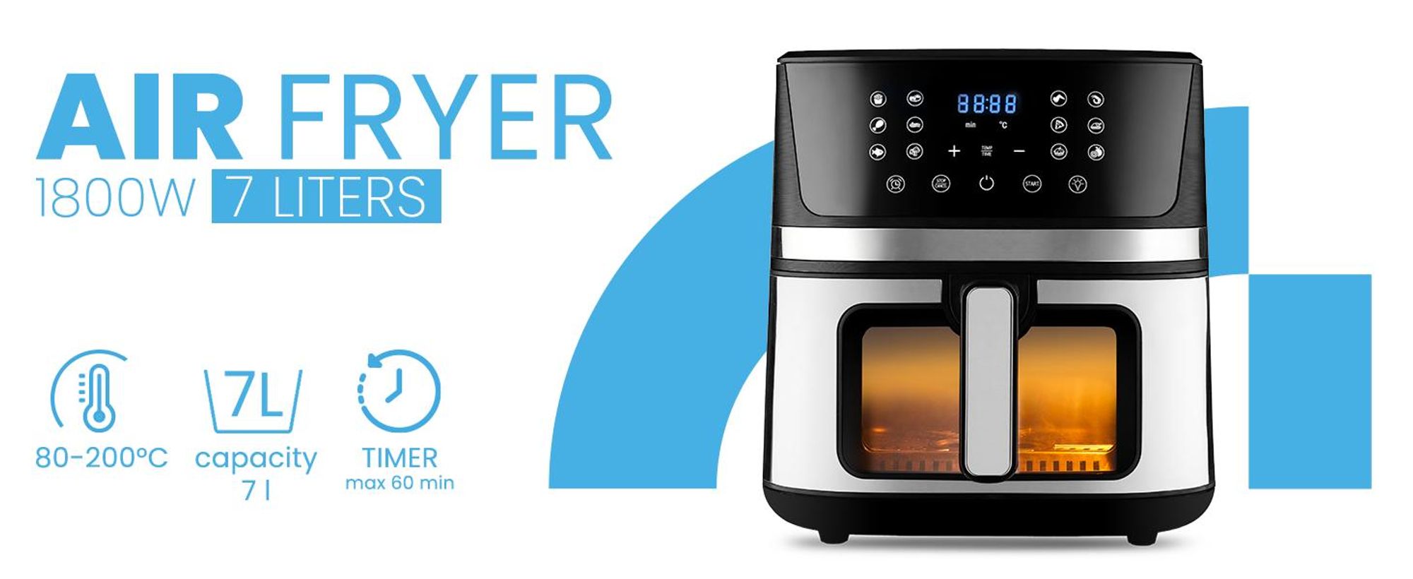 Frytkownica Beztłuszczowa Frytownica Air Fryer Duża 7l Mocna 1800W Okienko MalTec AirFryer1800W-7L