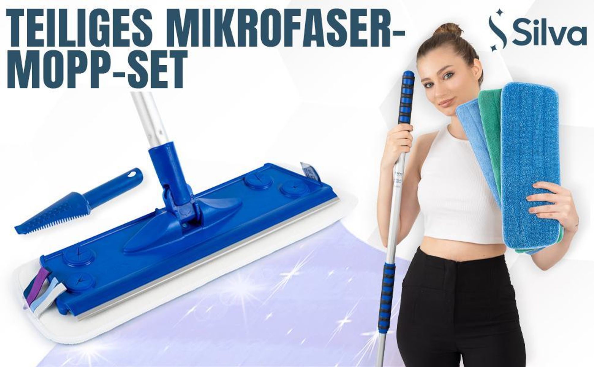 Silva Mikrofaser Wischmop - Bodenwischer Set mit Soft Touch Griff, 360° Drehgelenk & Teleskopstiel – Mop Set mit Wand, Nass & Trocken