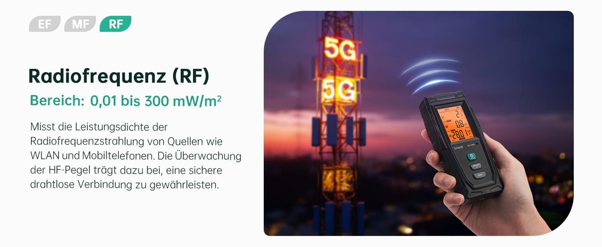 ERICKHILL RT-100S EMF Messgerät 3-in-1 | EF/MF/RF-Prüfung | Akustischer Alarm