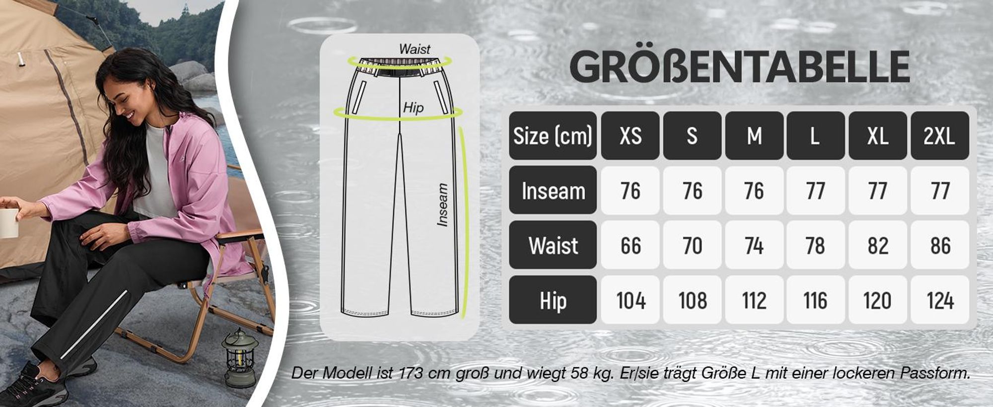 BUBW – Damen Outdoor Regenhose – wasserdicht & winddicht – leicht & packbar – mit reflektierenden Streifen – zum Wandern, Radfahren & Angeln
