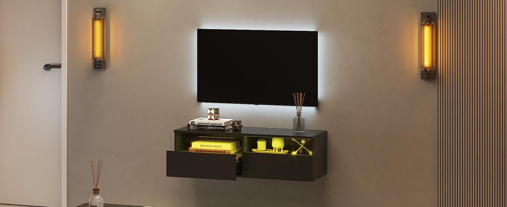 Radelldar Lowboard mit LED-Beleuchtung, TV-Schrank, hängend, grifflose TV-Board, 2 Schubladen mit Acryl, 100 cm, Schwarz