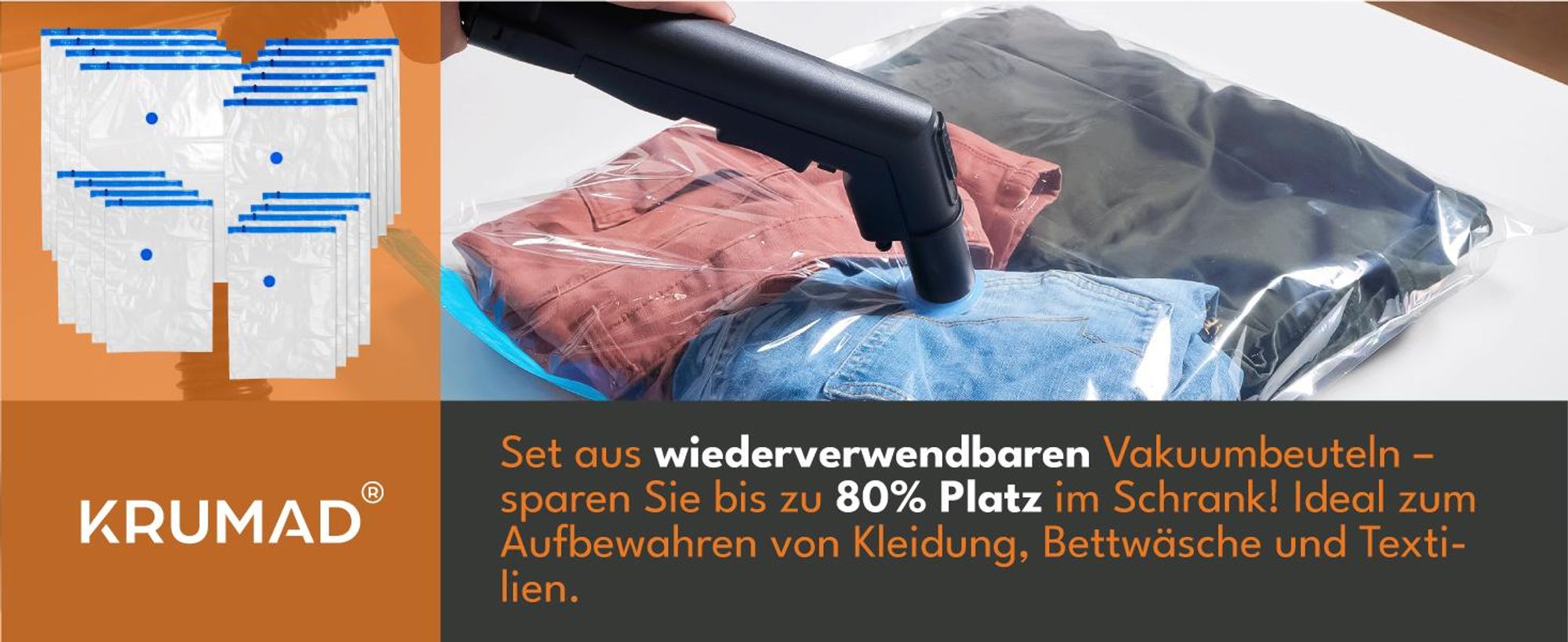 KRUMAD Vakuumbeutel 18 Stück - 8x 40x60cm, 6x 60x80cm, 4x 70x100cm - Platzsparende Aufbewahrungsbeutel für Kleidung, Bettdecken & Reisen – Wiederverwe