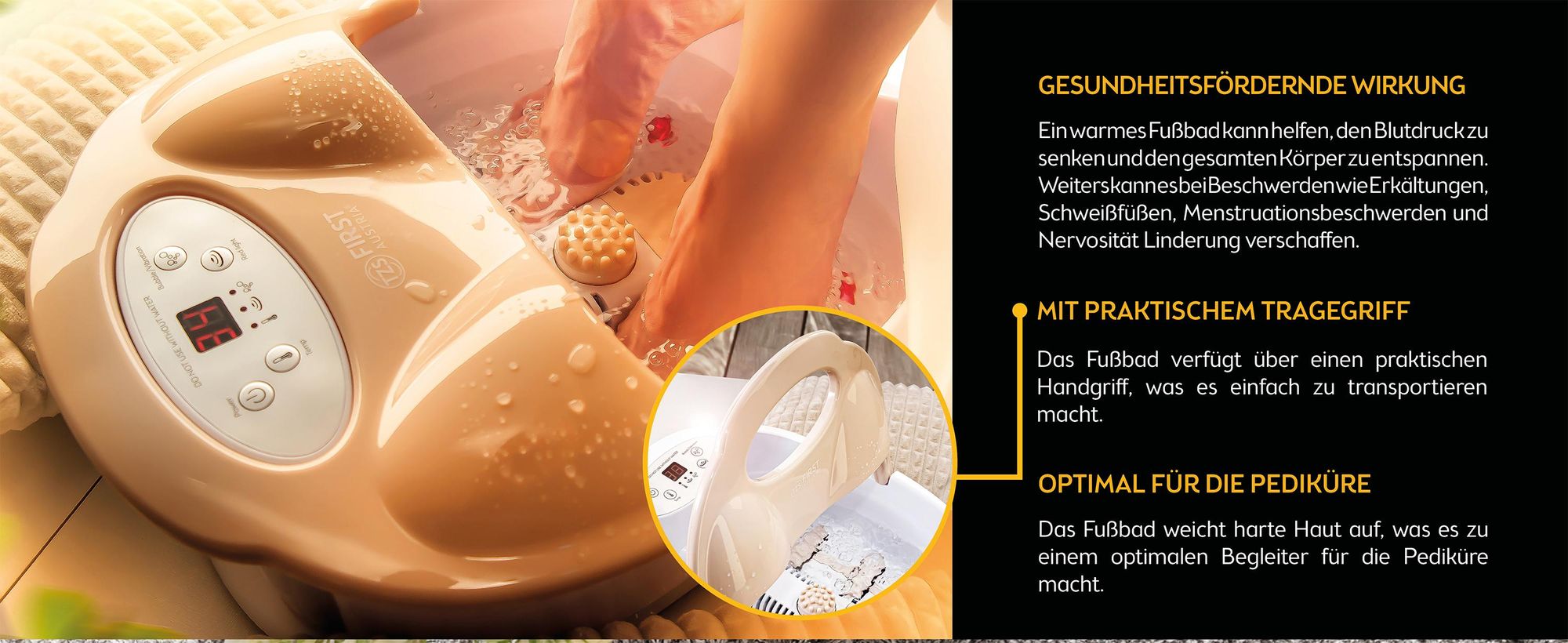 TZS First Austria - Fußsprudelbad 450W - Fußmassagegerät mit 2 Programme & 3 Aufsätze - Infrarot- und Heizfunktion
