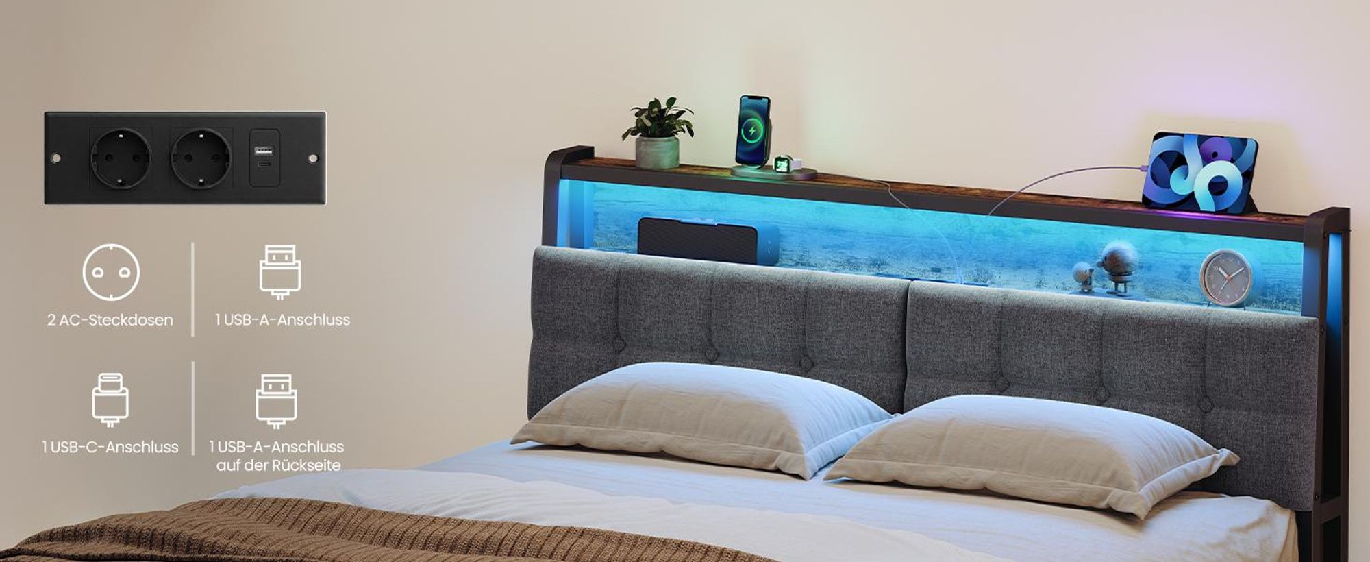 Bettgestell 140 x 200 cm, mit 2 Schubladen, LED-Beleuchtung, Schlafzimmer, Kopfteil, schwarz-braun