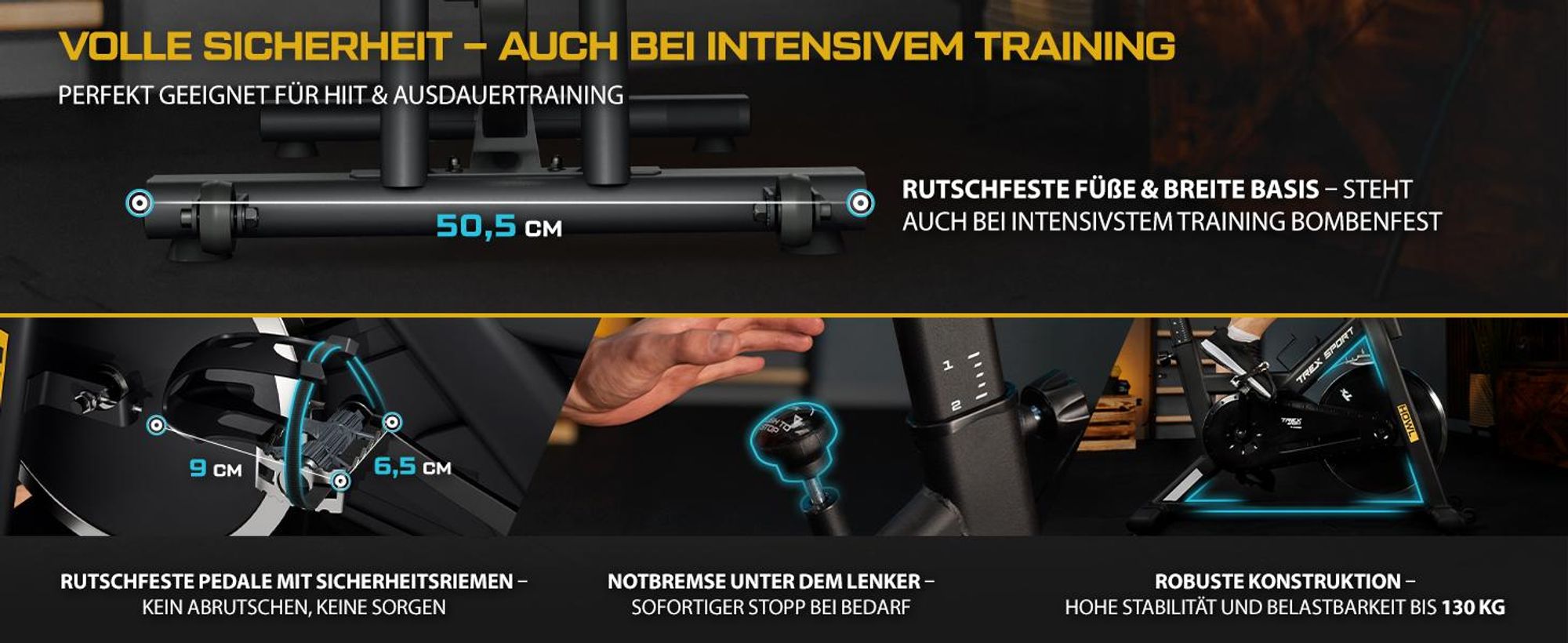 TREX SPORT Indoor Bike Heimtrainer Fahrrad TX-640SB HOWL |Mechanischer Widerstand, 12kg Schwungrad, Trainingscomputer, Pulssensoren | leise, bis 130kg