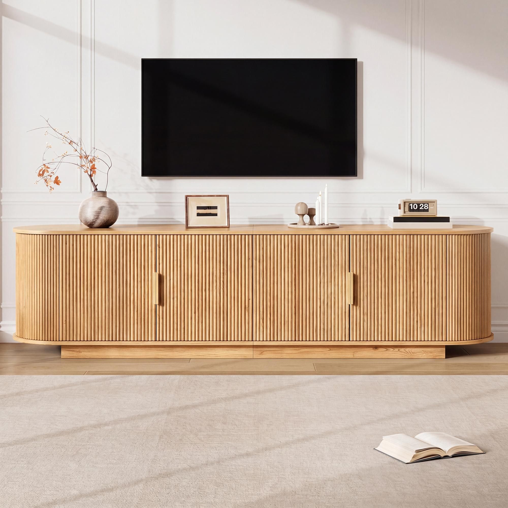 Merax TV-Schrank mit 4 Türen, TV Lowboard mit Wellenstruktur und Metallgriffen, TV-Board Wohnzimmerschrank aus MDF und Spanplatte, Natur