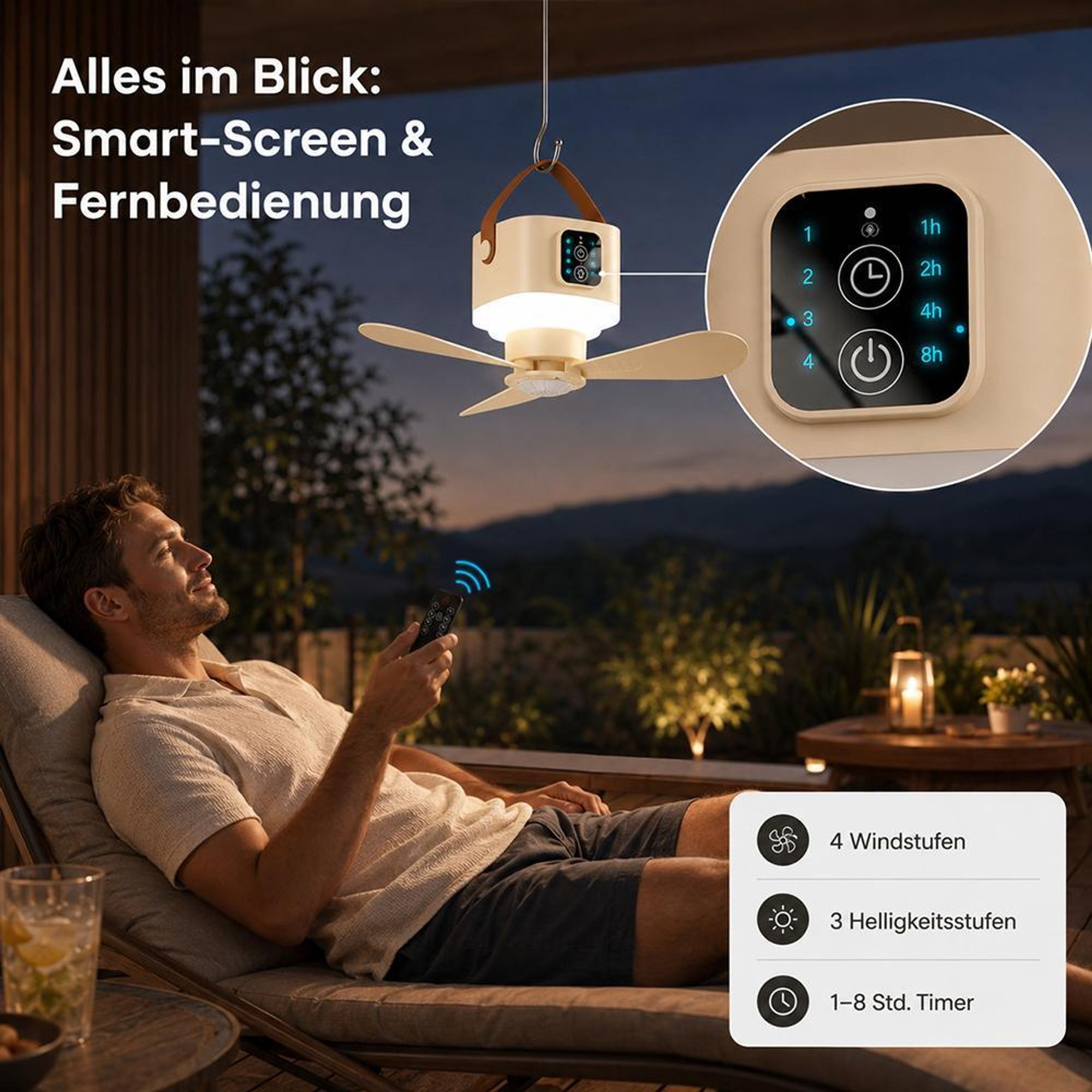 Ø24cm Camping Ventilator mit Licht, Akku 7200mAh, Touch-Stop Sicherheit, USB-C, Fernbedienung & Timer, 3-in-1 Hängeventilator für Zelt Wohnmobil