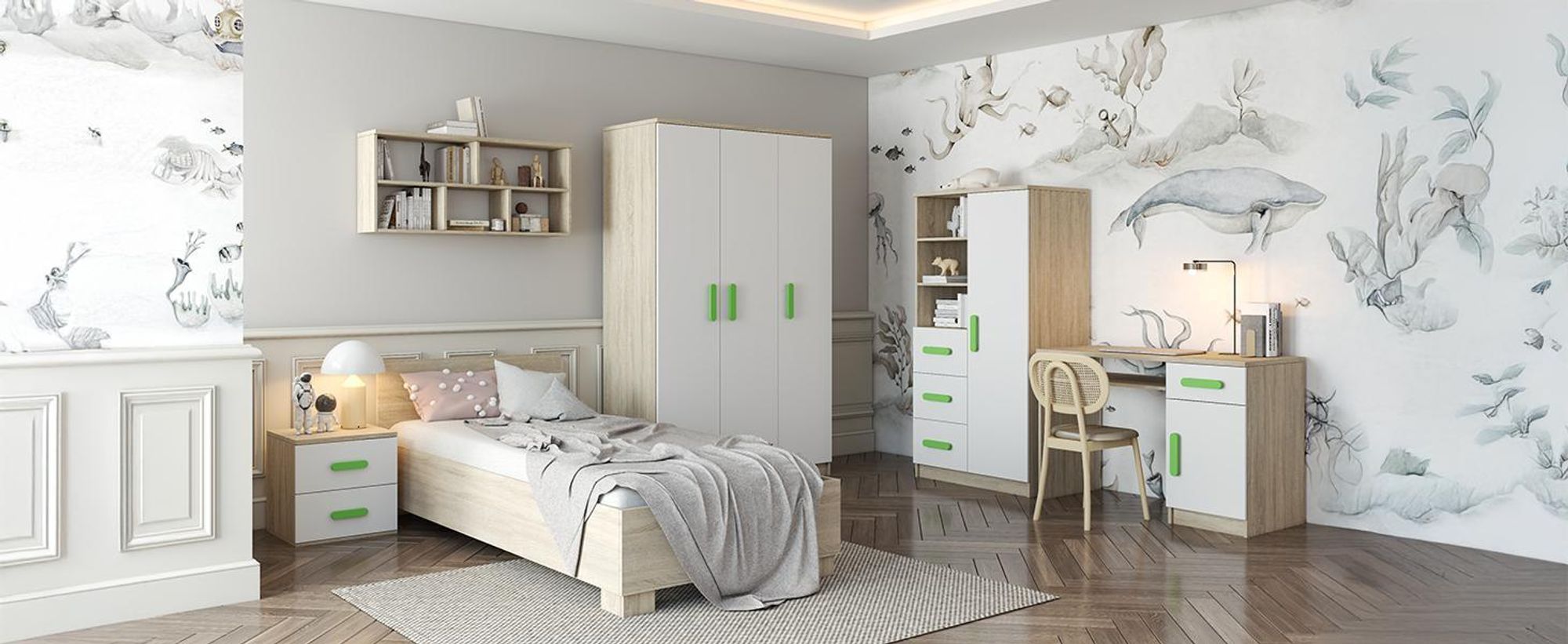Drehtürenschrank, Kinderkleiderschrank 120 cm Sonoma Eiche/Weiß, grüne Griffe JONAS III 19