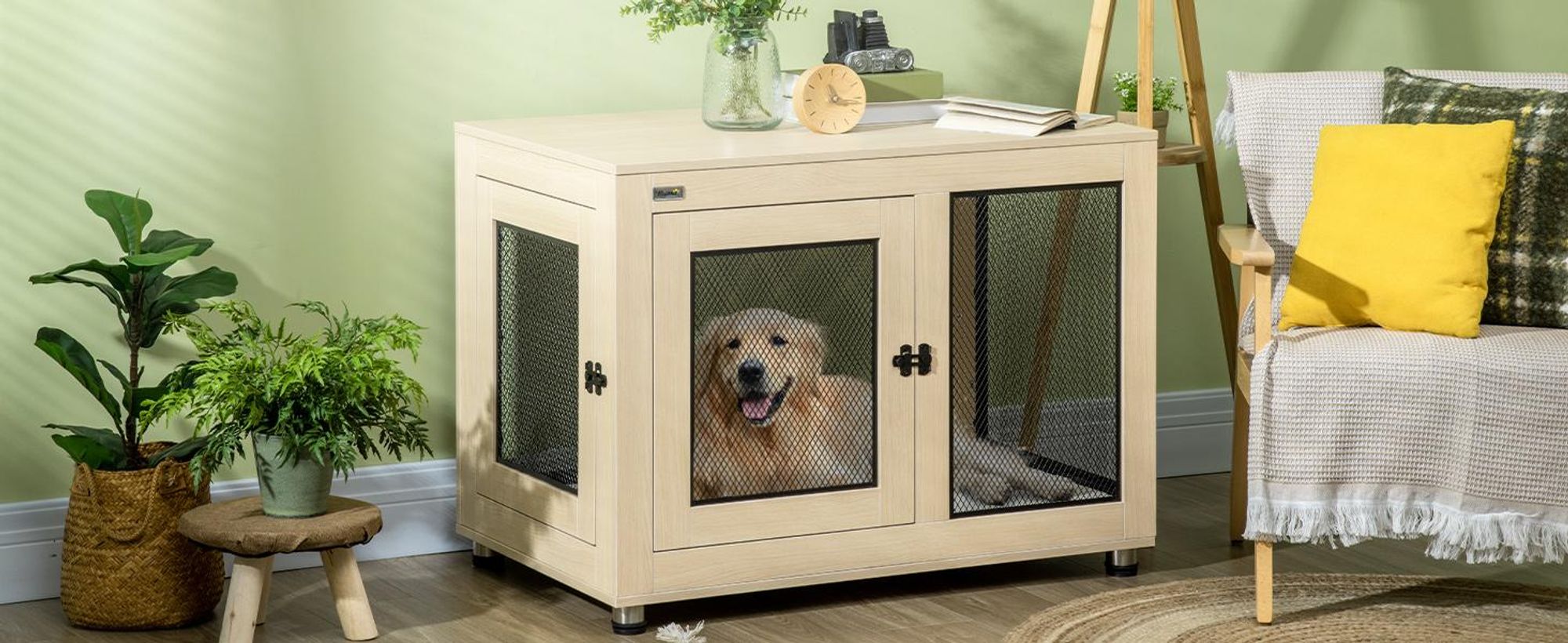 Klatka dla psa PawHut z 2 drzwiami, zmywalna poduszka, nowoczesna stalowa klatka dla psa do użytku w domu, buda dla dużych psów do 30 kg, 94 x 60 x 71,5 cm, dąb