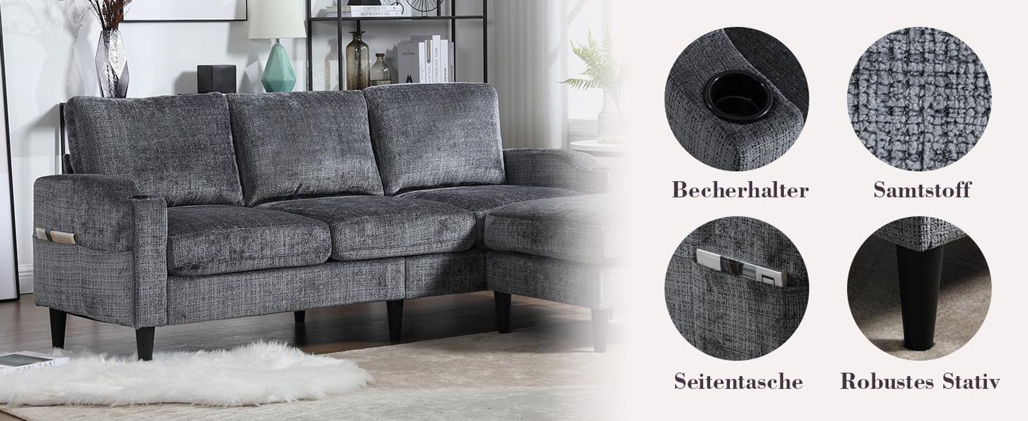 LVHOM 3-Sitzer-Sofa mit Hocker, 196,5 cm Modulares Sofa mit Getränkehälter und Seitentaschen, Sitzbank Chenille mit Stauraum, Couchgarnitur, Beige