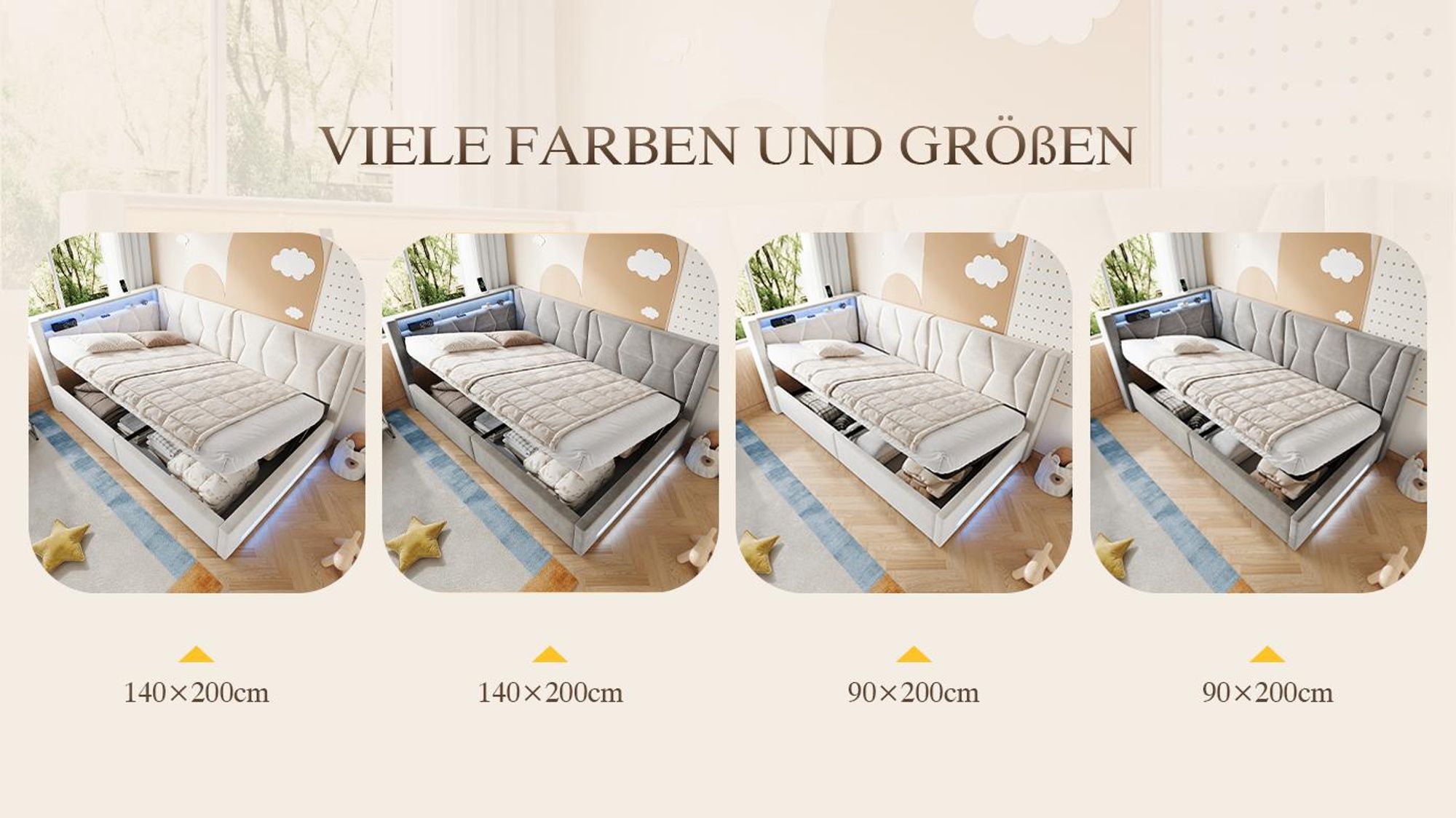 LVHOM Polsterbett 140x200cm Eckbett aus Samt, Stauraumbett mit LED und USB-C, Funktionsbett mit Bettkasten und Lattenrost, Doppelbett Beige