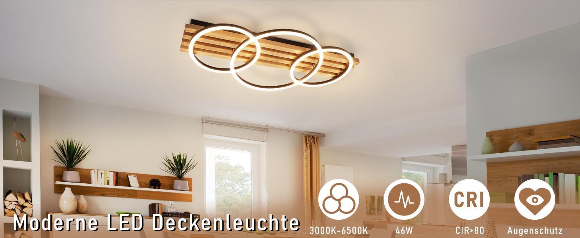 ZMH LED stropné svietidlo s možnosťou stmievania, drevené stropné svietidlo s diaľkovým ovládaním, 70 cm, 46 W, obývačkové svietidlo, stropné svietidlo s 3 krúžkami, čierne stropné svietidlo do spálne