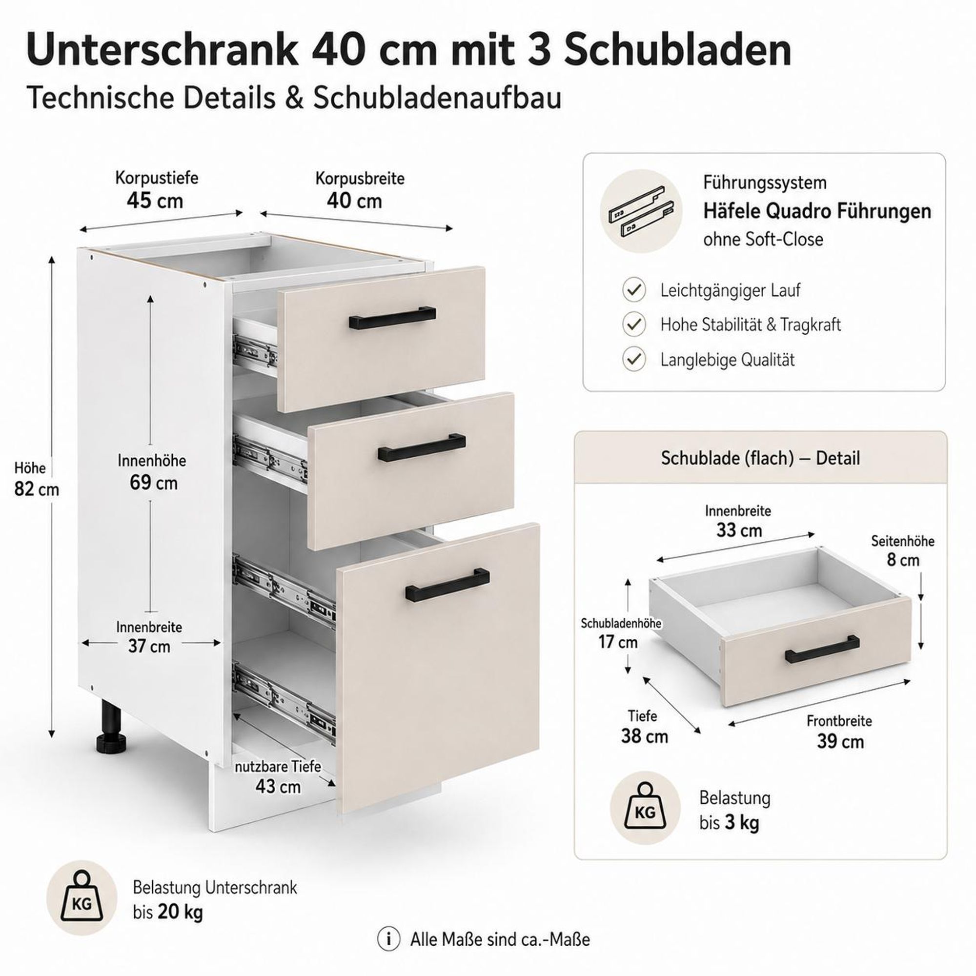 Küchenunterschrank Kaschmir Beige: Details zu Schubladenaufbau & Häfele Führungen.