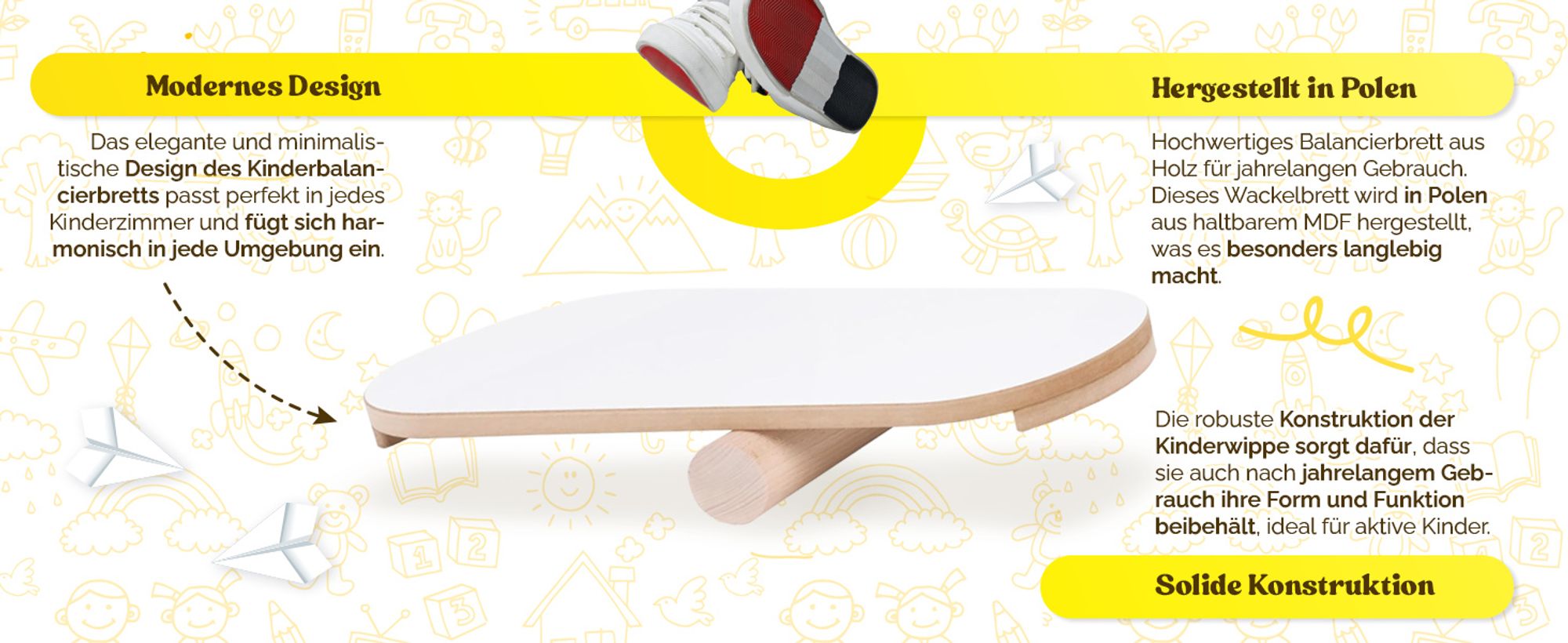 MISIOO Balance Board für Kinder – Montessori Holzspielzeug – Trainingsbrett für Gleichgewicht und Koordination – MDF – 60x22 cm – Weiß