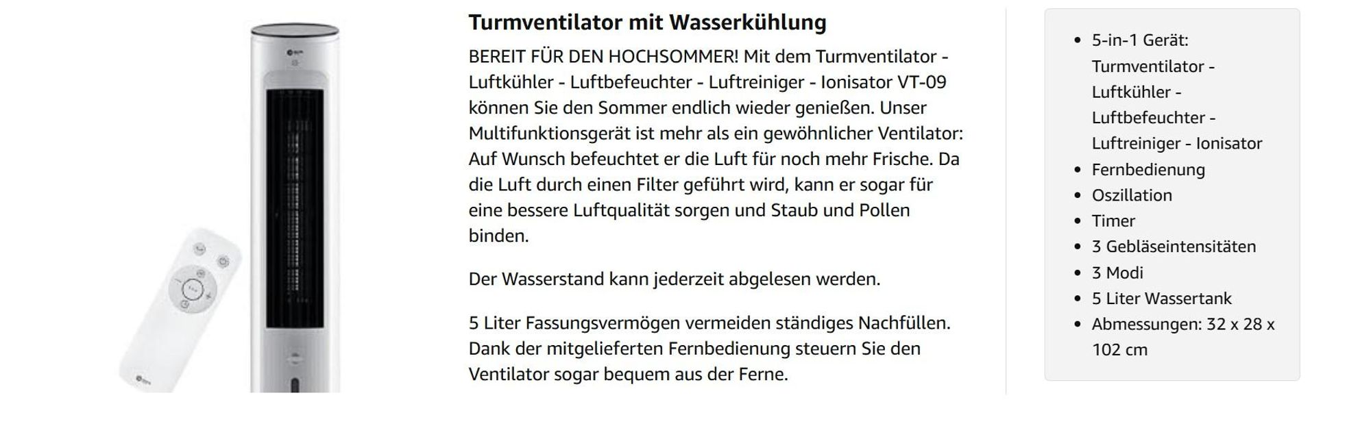 Balter 5in1 Turmventilator mit Fernbedienung, Leiser Standventilator, Wasserkühlung, Oszillation, Luftbefeuchter, Luftreiniger, Ionisator, Timer, weiß
