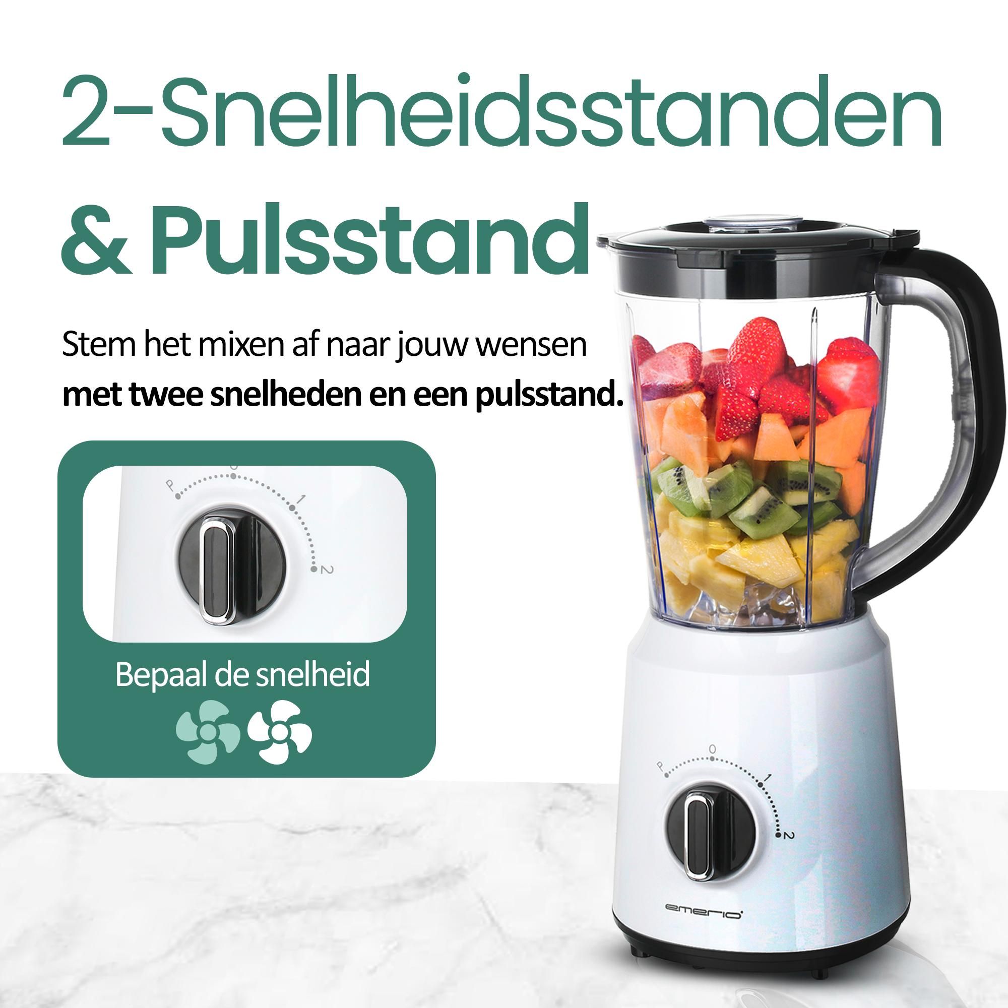 Emerio Blender BL-124816.7 – 1,5 L – 500 W – 2 Snelheden – RVS Messen – Wit