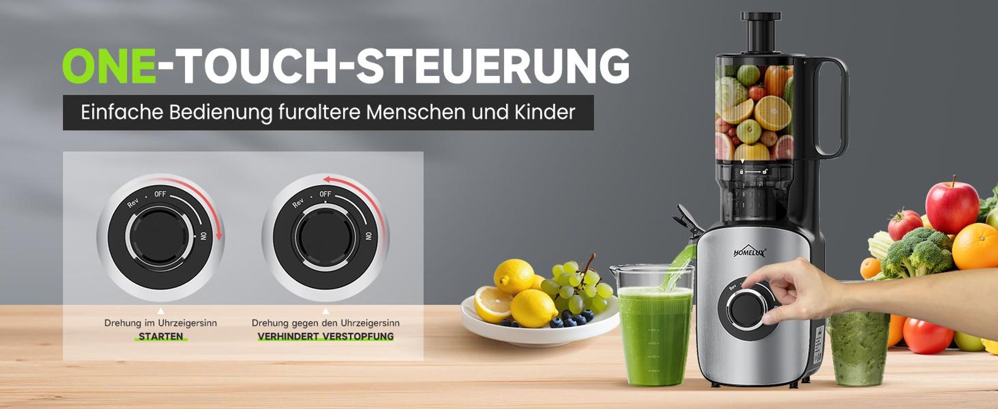 HOMELUX Entsafter 220W Slow Juicer 126 MM Einfüllschacht für Ganze Gemüse und Obst Kaltentsafter Elektrische mit 2 Tassen Reinigungsbürste, Silber