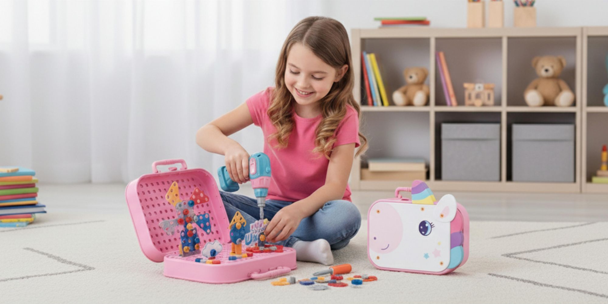 Einhorn Konstruktionsspielzeug 228 Teile, Montessori Werkzeugkasten mit Elektroschrauber, 3D Mosaik Steckspiel ab 3 Jahren, EVI TOYS Unicorn