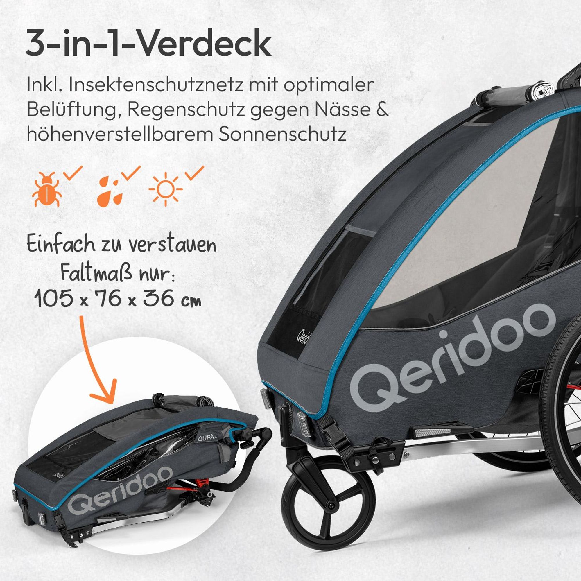 Qeridoo QUPA 2 - Kinderfahrradanhänger für 2 Kinder, Farbe: Blue
