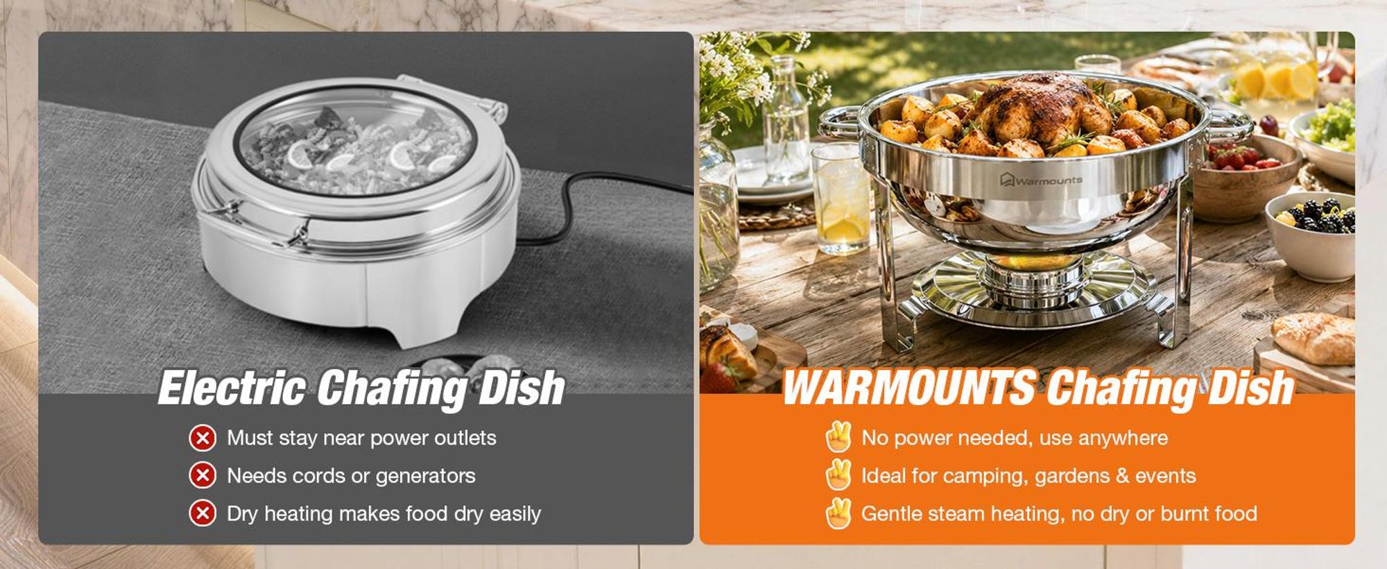 Warmounts 4er-Set Runde Chafing Dishes Buffetwärmer 4,7L mit Glasdeckel, Edelstahl poliert, Stapelbar, Deckelhalter, Speisenwärmer für Party