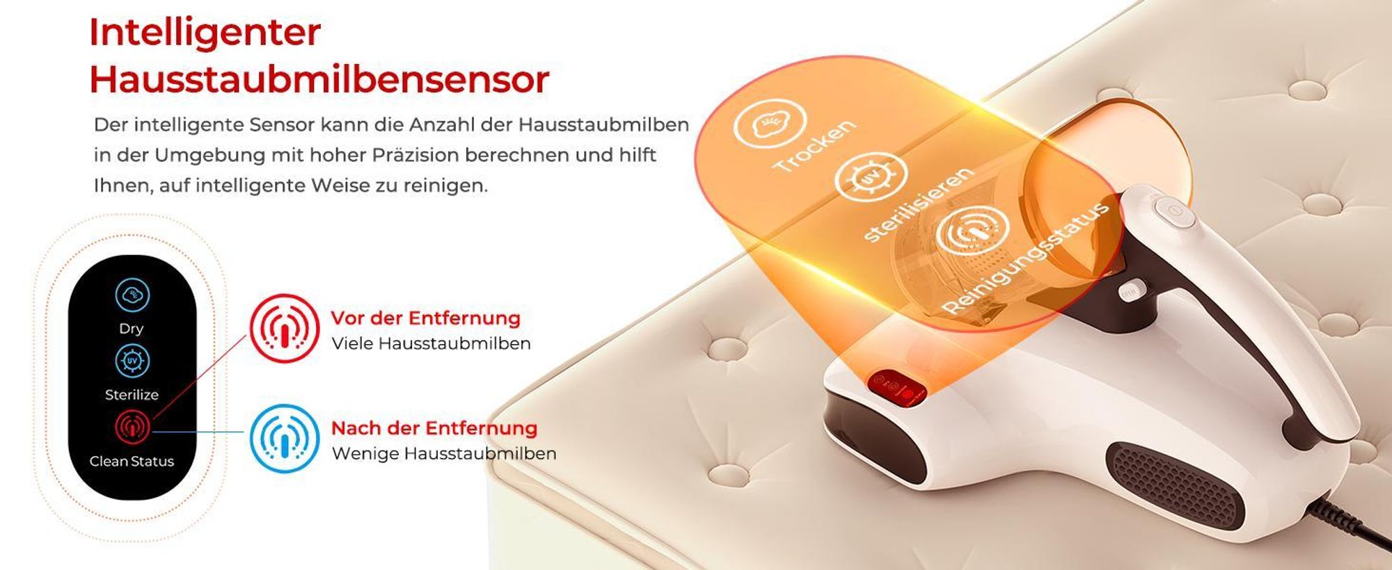 JIGOO S100 Matratzenstaubsauger: 350W, 12kPa, 80k/min Klopfen, UV-C 253.7nm, 55°C Heißluft, 99,9% Milbenentfernung